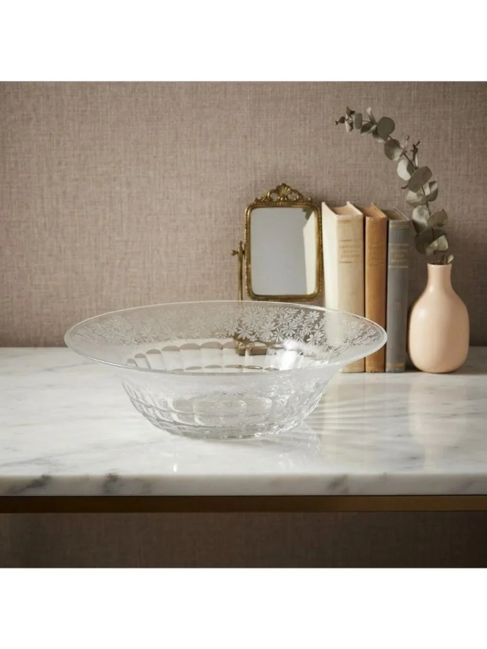 Vintage Etched Glass Serving Bowl Frosted Floral Daisy Wreath Retro